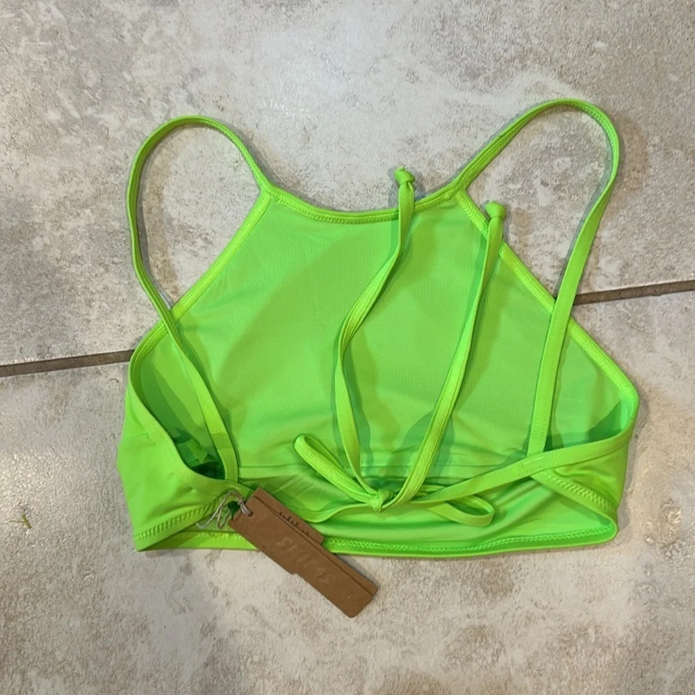 NWT! Skims Recycled Swim High Neck Bikini Top XS Neon Green Festival Crop